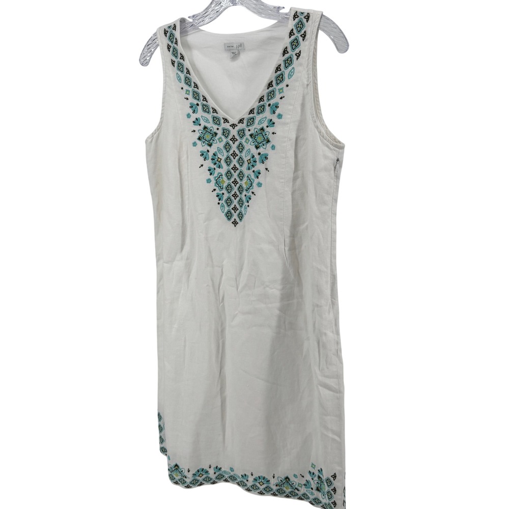 J. Jill Love Linen Dress Women S White Teal‎ Embroidered V-Neck Sleeveless Spot